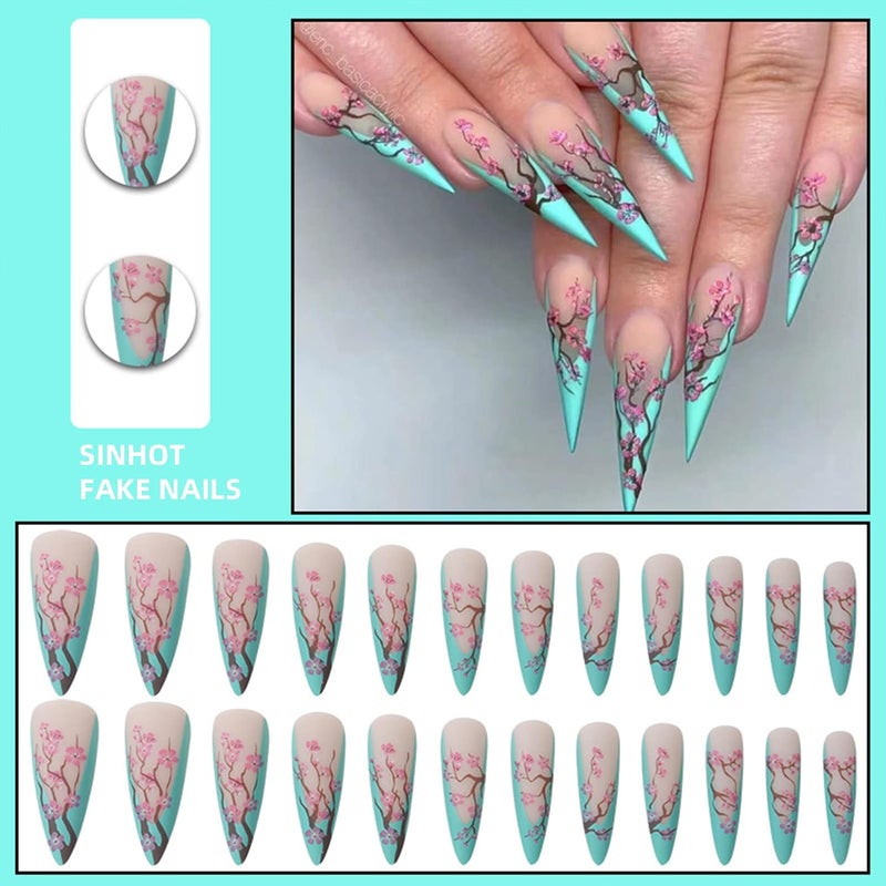 SINHOT Long Press On Nails Stiletto False Nails French Tip Fake Nails Ombre Glue on Nail Plum Blossom Acrylic Nail with Designs for Women and Girls - Image 2